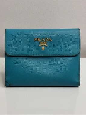 Prada Teal Saffiano Leather Card Case with Gold Hardware